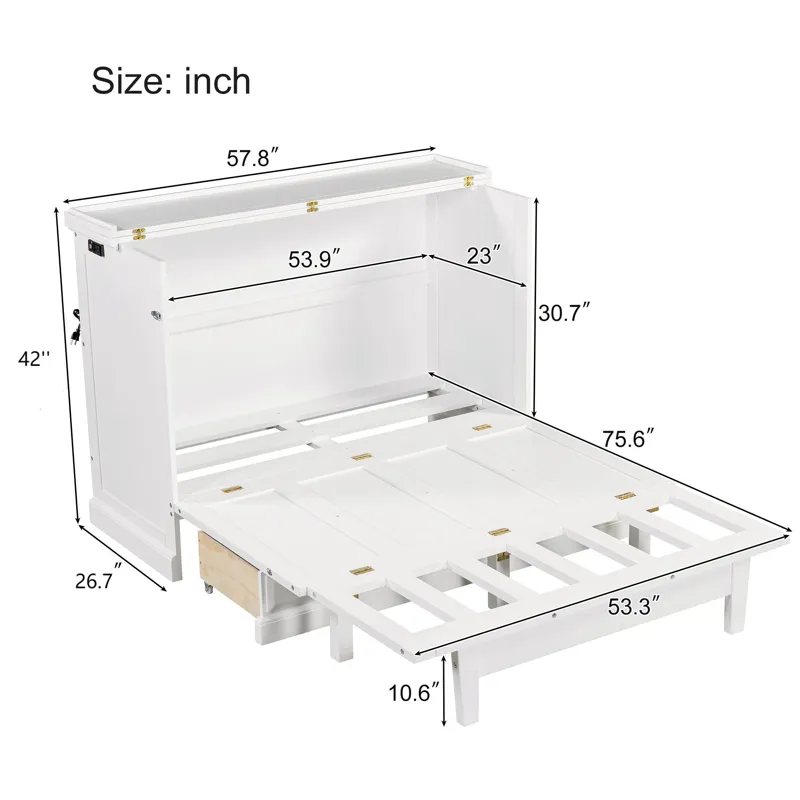 Full Solid Pine Murphy Bed Chest Cube Cabinet Bed With Charging Station And Large Storage Drawer For