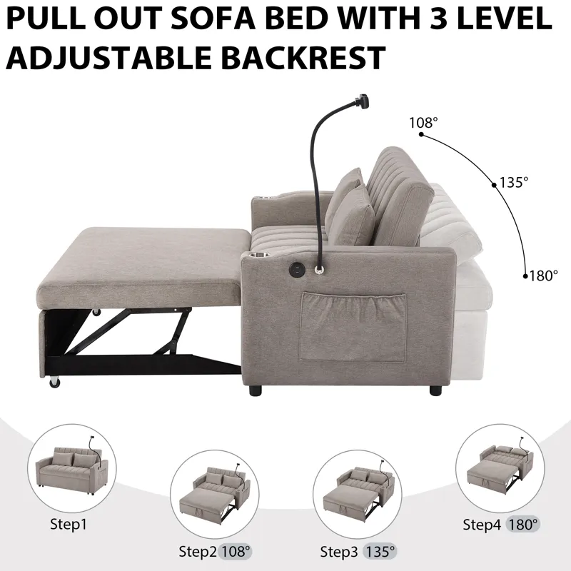 Convertible Sofa Bed Loveseat Sofa With Three USB Ports, Two Side Pockets, Two Cup Holders And 360° 