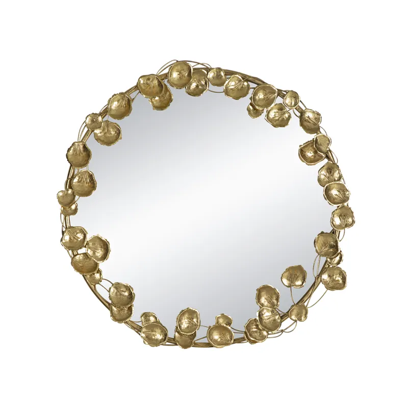 Round Metal Wall Mirror With Leaf Accents, Modern Decor Mirror For Living Room Entryway Hallway - Go