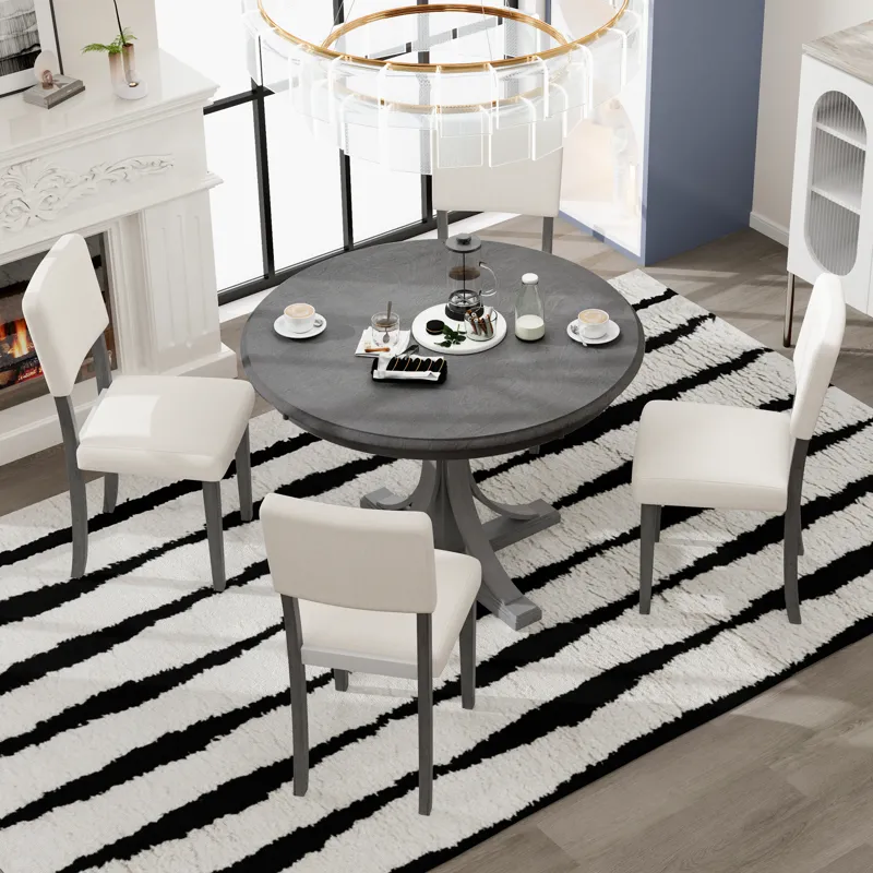5 Piece Retro Round Dining Table Set With Curved Trestle Style Table Legs And 4 Upholstered Chairs F