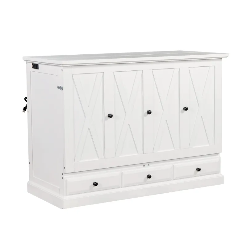 Full Solid Pine Murphy Bed Chest Cube Cabinet Bed With Charging Station And Large Storage Drawer For