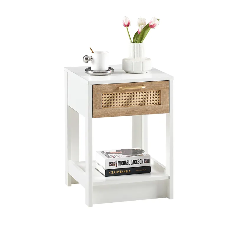 15.75\" Rattan End Table With Drawer, Modern Nightstand, Side Table For Living Room, Bedroom - White