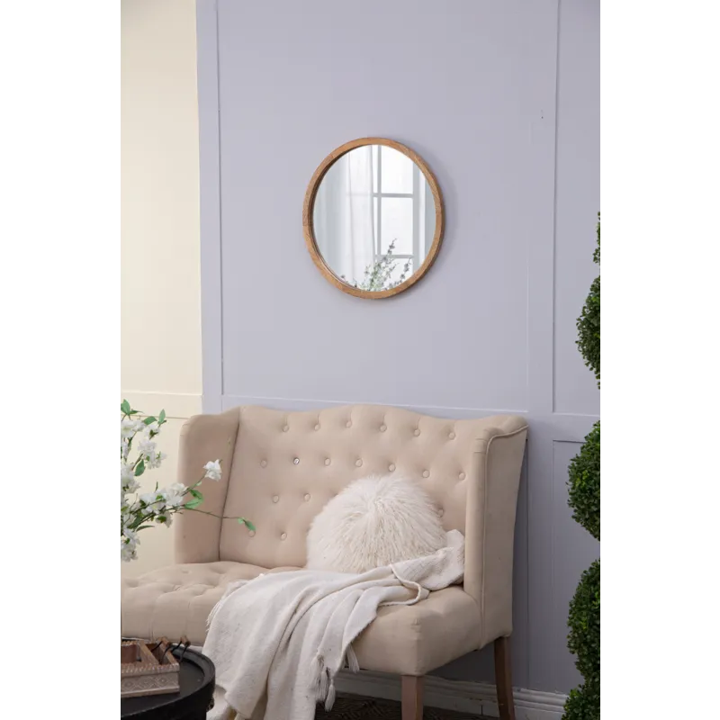 Circle Wall Mirror With Wooden Frame, Wall Mirror For Living Room - Brown
