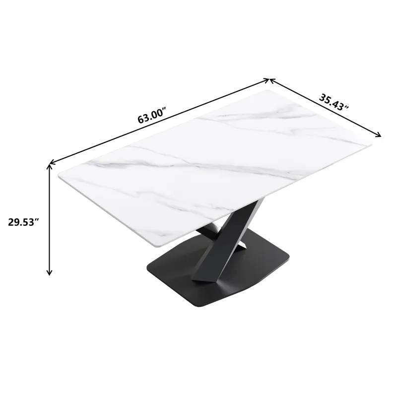 63\" Modern Artificial Stone Straight Edge Metal X-Leg Dining Table, 6 People - White / Black