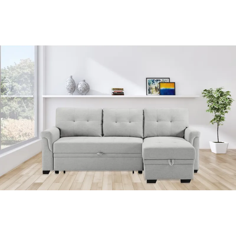 Destiny - Linen Reversible Sleeper Sectional Sofa With Storage Chaise - Light Gray