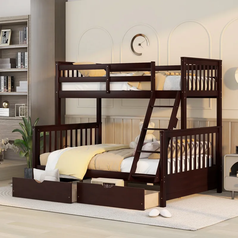 Twin Over Full Bunk Bed With Ladders And Two Storage Drawers - Espresso