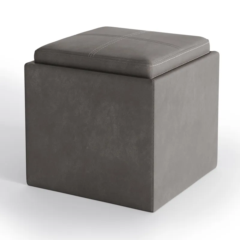 Rockwood - Cube Storage Ottoman with Tray - Distressed Slate Grey