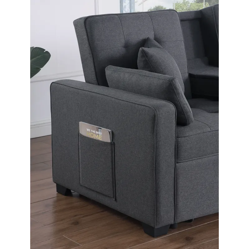 Cody II - 69.5\"W Dark Gray Linen Convertible Sleeper Loveseat With Cup Holder, Charging Ports and P