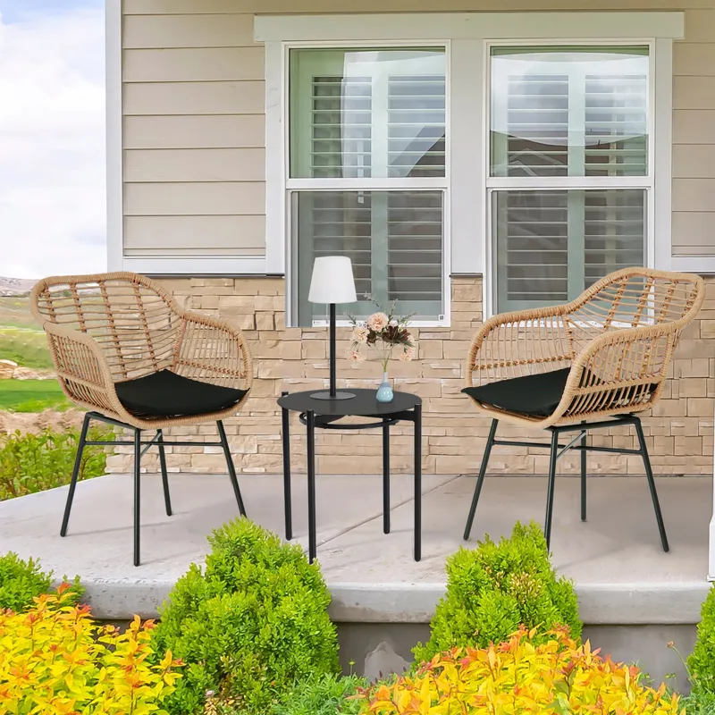 3 Pieces Of Luxury Outdoor Wicker Furniture, Patio Bistro Style Table And Chair Combination, Weather