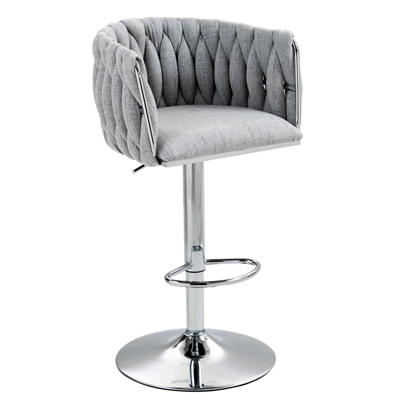 360 Degree Swivel Bar Stools Adjustable Counter Height Bar Chairs With Woven Back & Footrest, Silver
