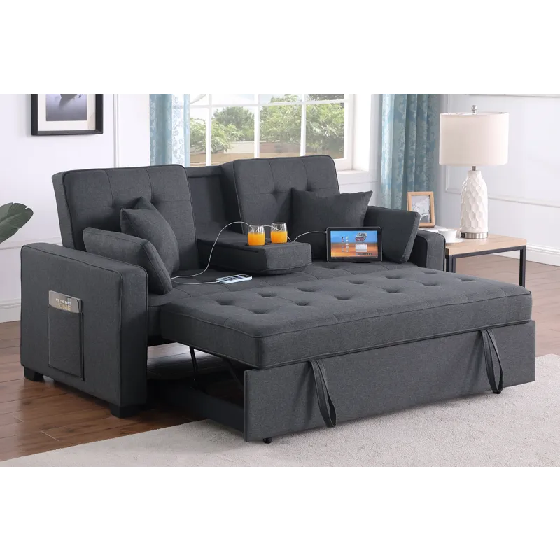 Cody II - 69.5\"W Dark Gray Linen Convertible Sleeper Loveseat With Cup Holder, Charging Ports and P