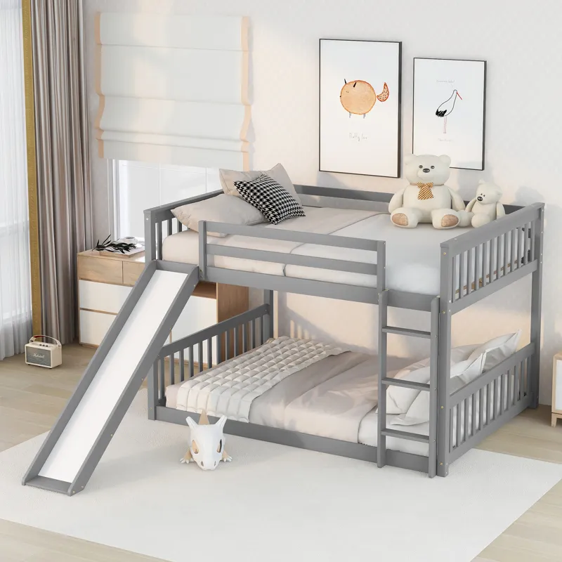 Full Over Full Bunk Bed With Slide And Ladder - Gray