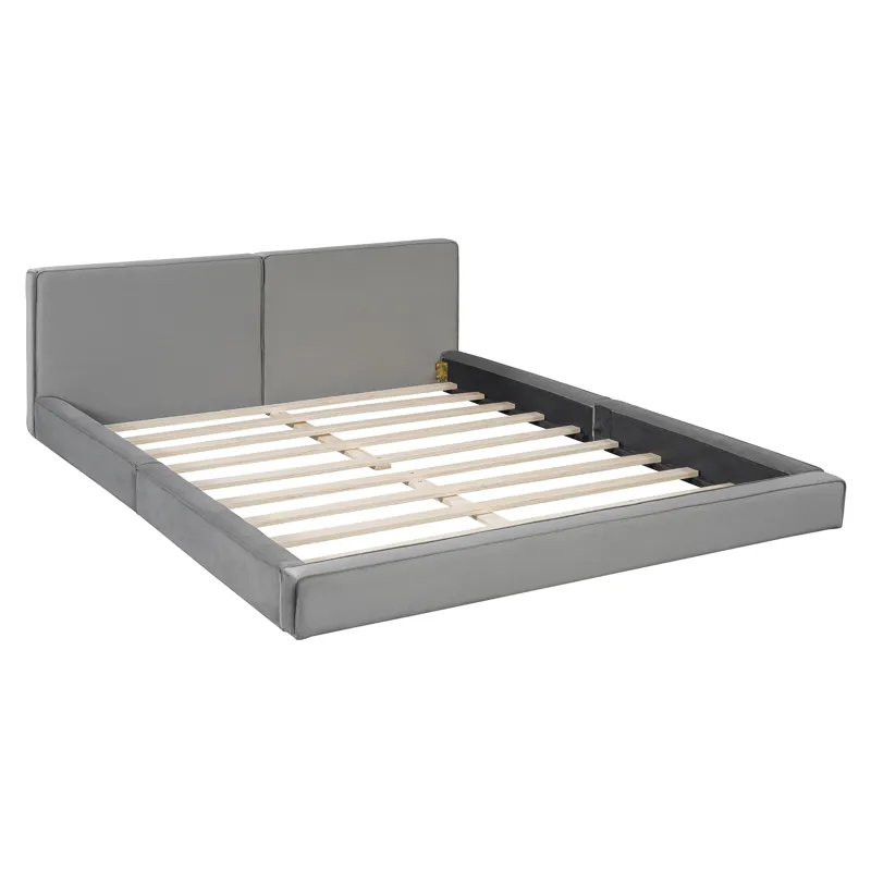 Queen Size Upholstered Platform Bed With , Grounded Bed With Solid Frame - Gray