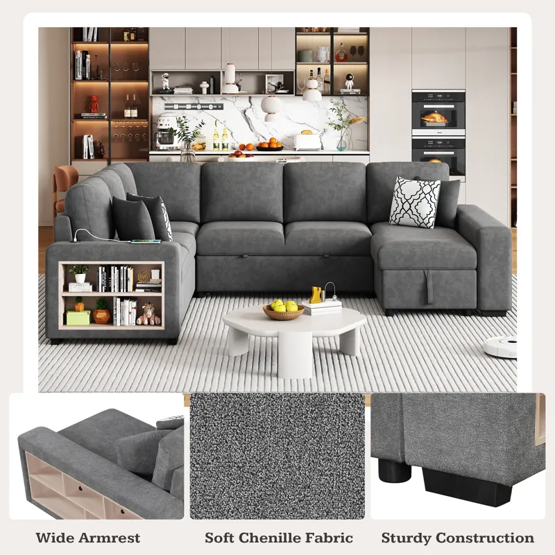 U-Shaped Sectional Sofa Pull-Out Sofa Bed With Two USB Ports, A Storage Chaise Lounge And Four Back 