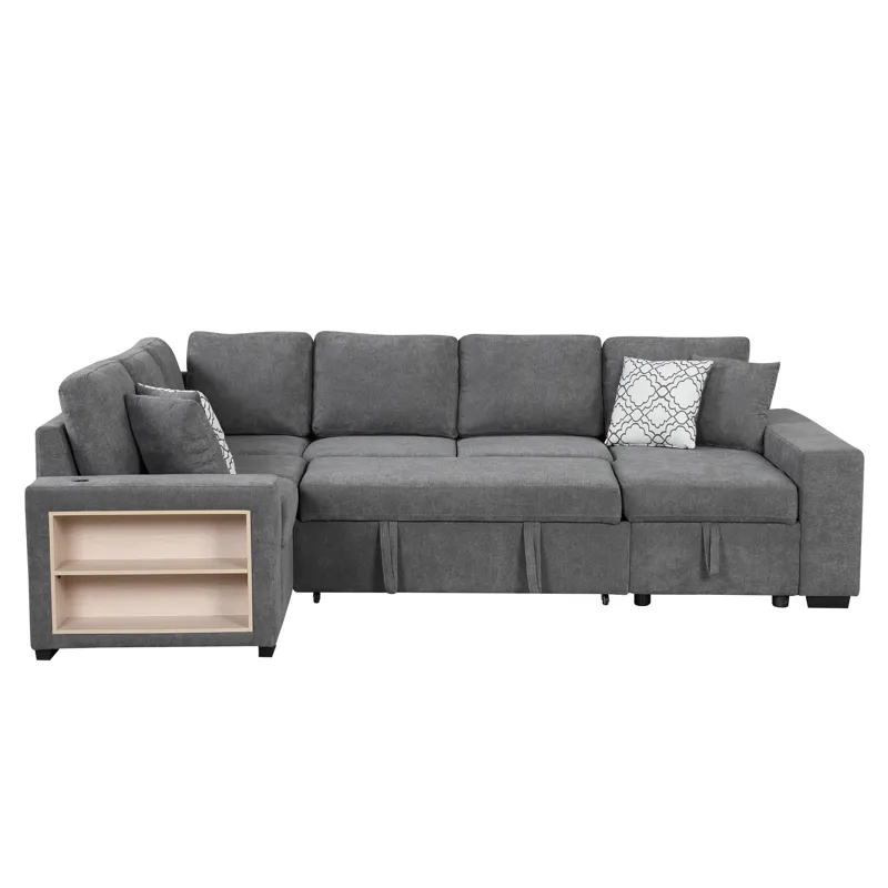 U-Shaped Sectional Sofa Pull-Out Sofa Bed With Two USB Ports, A Storage Chaise Lounge And Four Back 