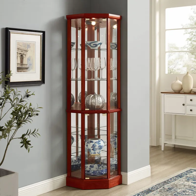 6 Shelf Lighted Corner Curio Cabinet With Adjustable Tempered Glass Shelves And Mirror Back (E26 Lig