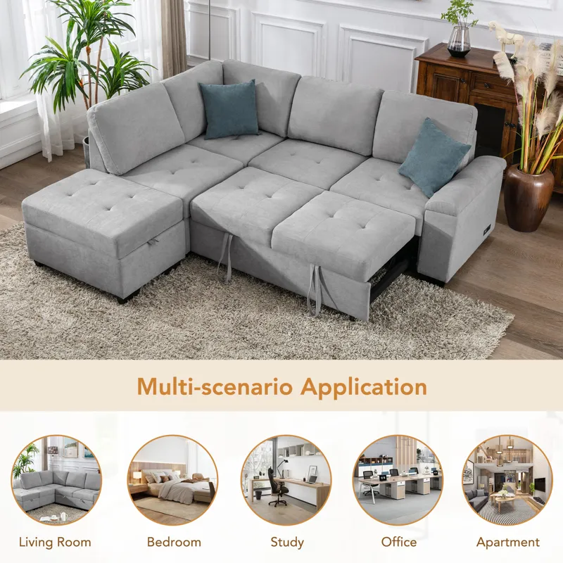 Sleeper Sectional Sofa, L-Shape Corner Couch Sofa - Bed With Storage Ottoman & Hidden Arm Storage & 