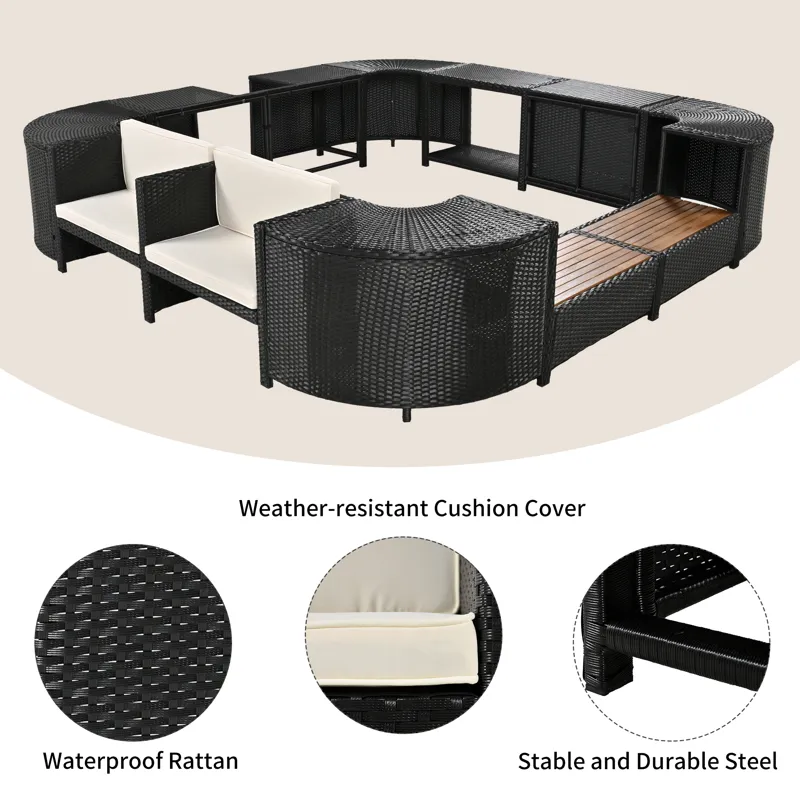 Spa Surround Spa Frame Quadrilateral Outdoor Rattan Sectional Sofa Set With Mini Sofa, Wooden Seats 