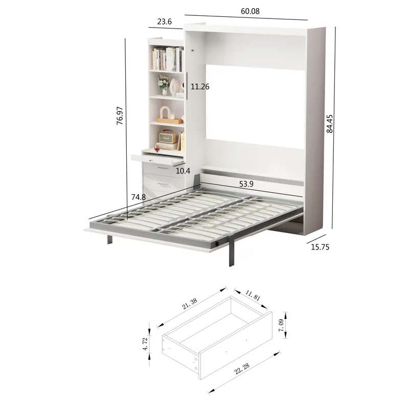 Morden Deisgn Full Size Vertical Murphy Bed With Shelf And Drawers For Bedroom Or Guestroom Wall Bed
