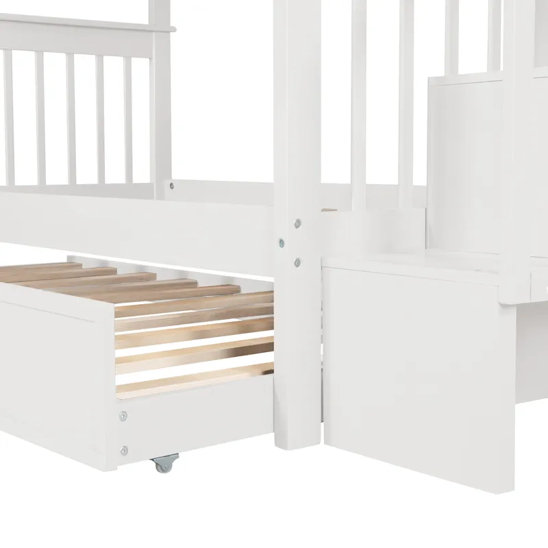 Stairway Twin Over Twin Bunk Bed With Twin Size Trundle For Bedroom, Dorm, Adults - White