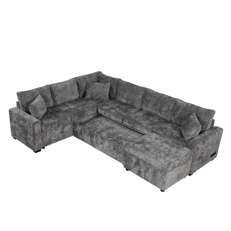 Sectional Sofa Pull-Out Sofa Bed Sleeper With A Storage Ottoman, Three Pillows And Charging Devices 