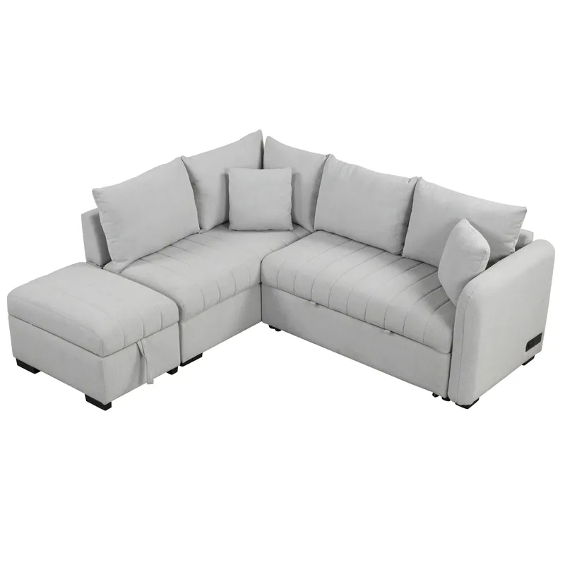 L-Shaped Sectional Pull Out Sofa Bed Sleeper Sofa With Two USB Ports, Two Power Sockets And A Movabl