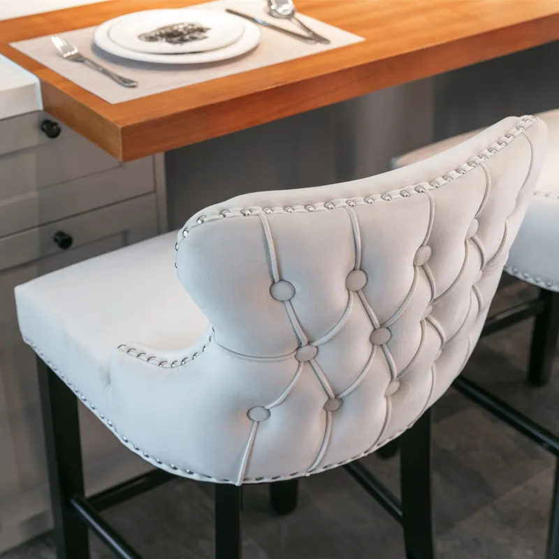 Contemporary Velvet Upholstered Wing-Back Barstools With Button Tufted Decoration And Wooden Legs, A