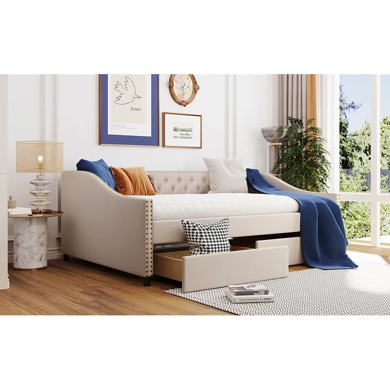 Full Size Upholstered Daybed With Two Drawers, Wood Slat Support - Beige