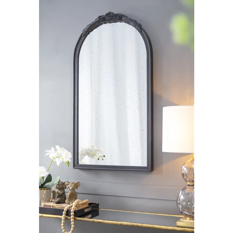 Elos Hand Carved Rose Antique Mirror Frame, Wood Arch Mirror Wall Decor For Living Room, Bathroom, E