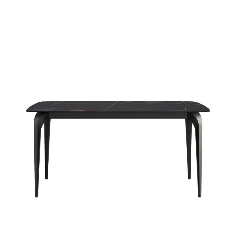 63\" Artificial Stone Black Curved Black Metal Leg Dining Table, 6 People - Black
