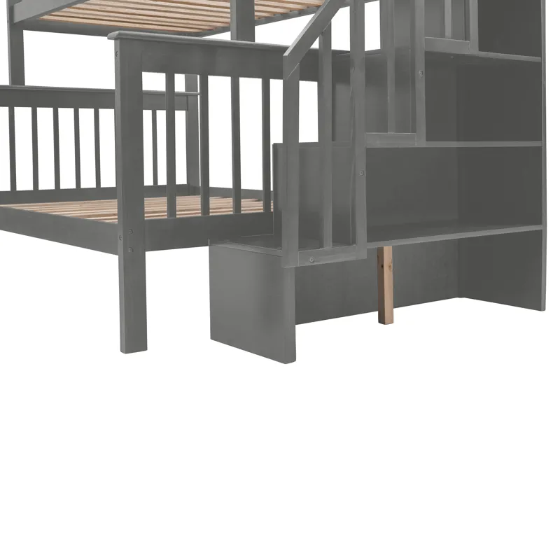 Twin Over Full Stairway Bunk Bed With Drawer, Storage And Guard Rail For Bedroom, Dorm, For Adults -