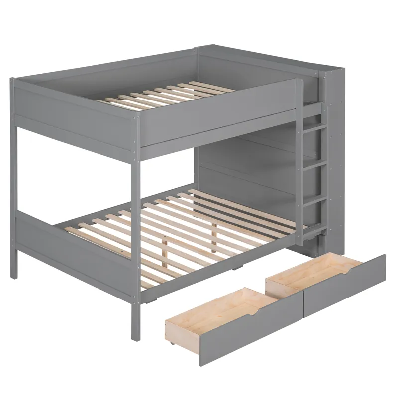 Full Over Full Bunk Bed With 2 Drawers And Multi - Layer Cabinet - Gray