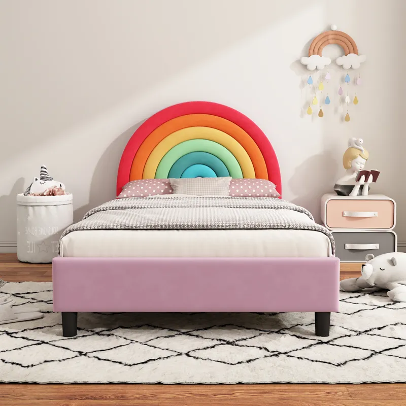 Rainbow Design Upholstered Twin Platform Bed Cute Style Princess Bed For Boys & Girls, Teens - Color