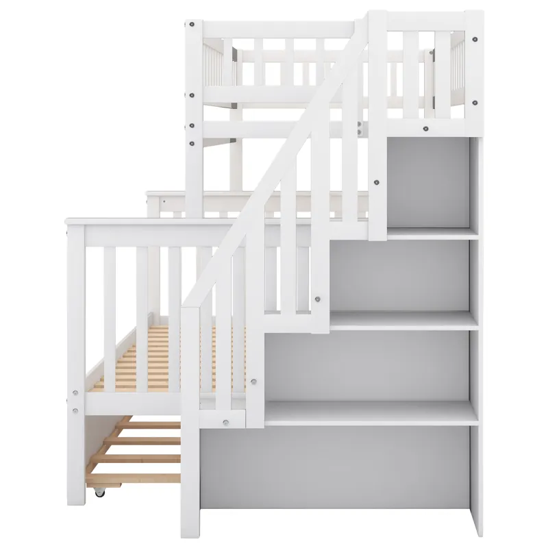 Twin Over Full Bunk Bed With Trundle And Staircase - White