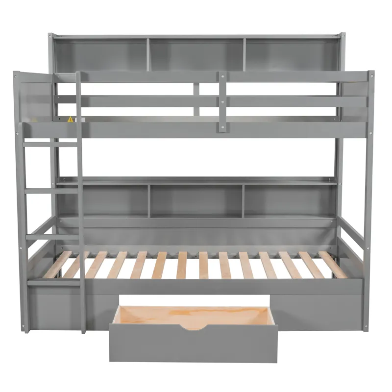 Twin Size Bunk Bed With Built-In Shelves Beside Both Upper And Down Bed And Storage Drawer - Gray