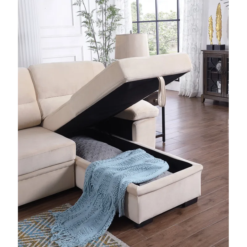 Kipling - Velvet Fabric Reversible Sleeper Sectional Sofa Chaise - Beige