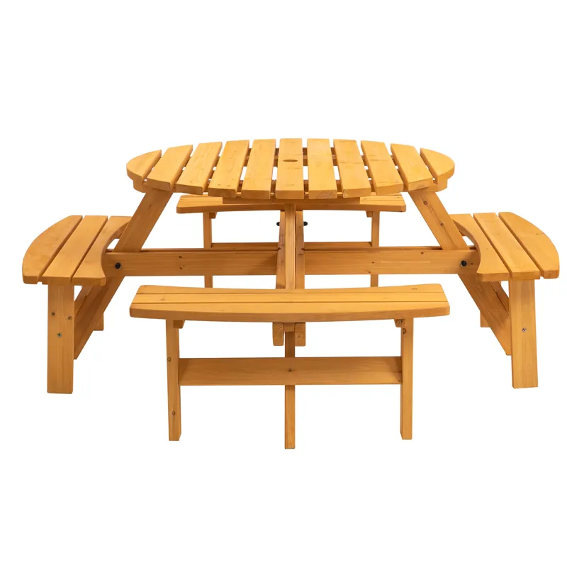 8 Person Wooden Picnic Table, Outdoor Camping Dining Table With Seat, Garden, Diy With 4 Built-In Be