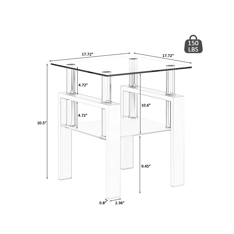 Modern Tempered Glass Tea Table, End Square Table For Living Room - Transparent / White