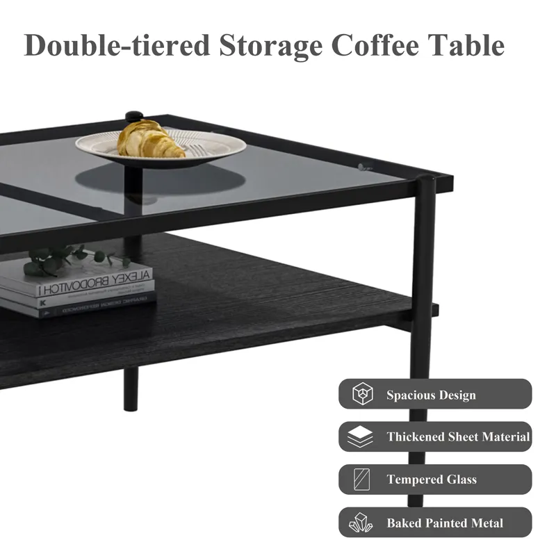 Rectangle Coffee Table With Tempered Glass Top, Modern Table For Living Room - Gray / Black