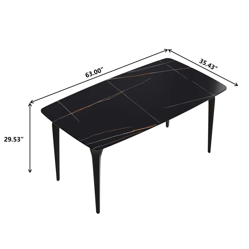 63\" Artificial Stone Black Curved Black Metal Leg Dining Table, 6 People - Black