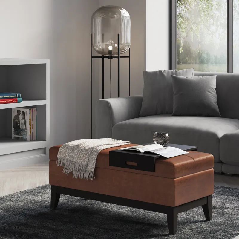 Oregon - Storage Ottoman Bench with Tray - Distressed Saddle Brown