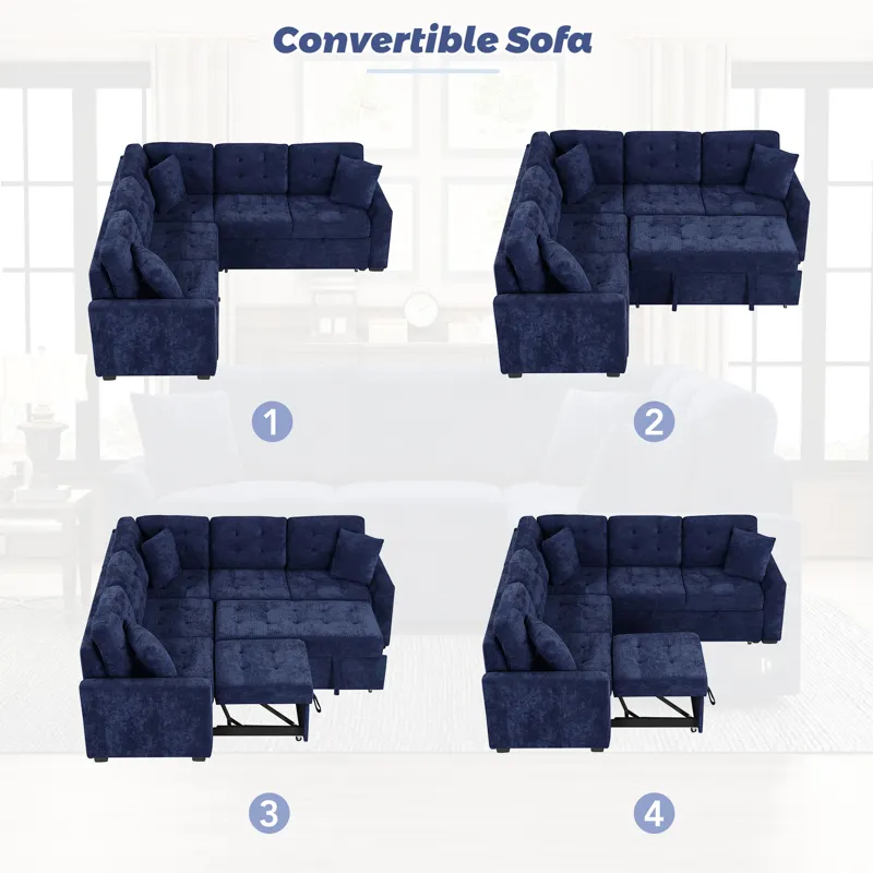 L-Shape Sofa Bed Pull-Out Sleeper Sofa With Wheels, USB Ports, Power Sockets For Living Room - Navy 