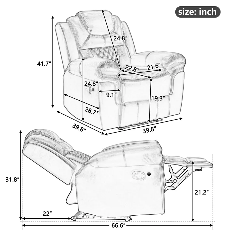 3 Pieces Recliner Sofa Sets Home Theater Seating Manual Recliner Chair With Center Console And Led L