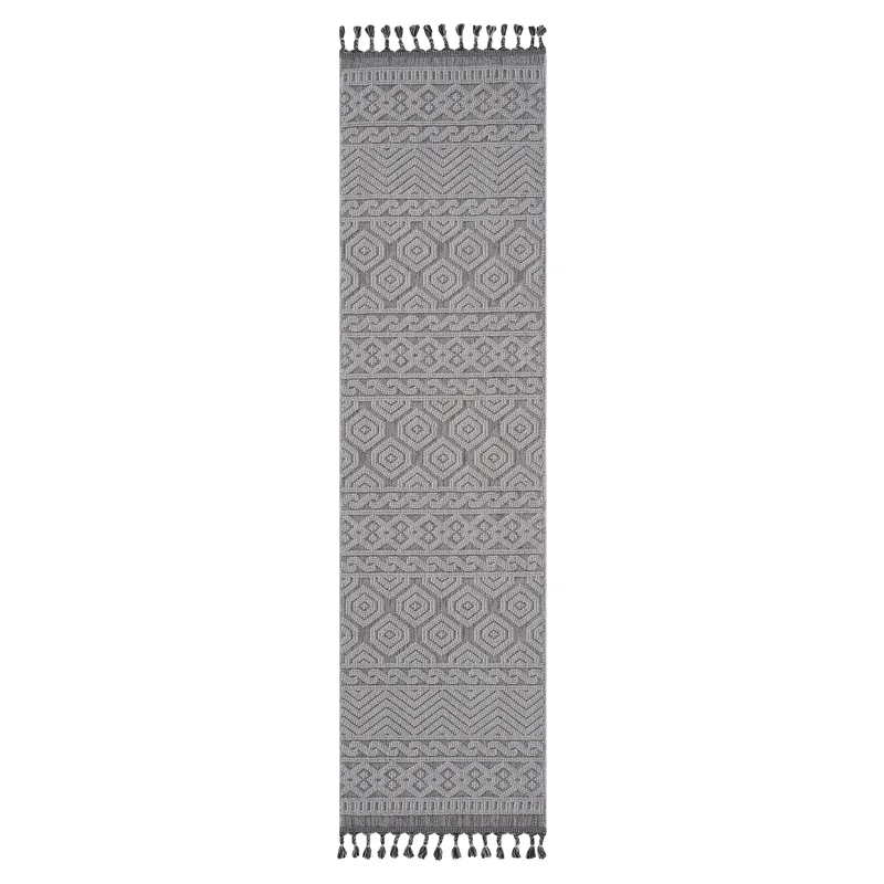 Guros - 2\' x 8\' Geometric Indoor / Outdoor Area Rug - Gray / White