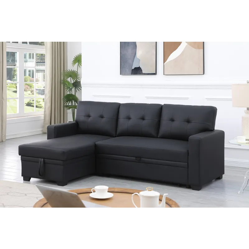 Upholstered Pull Out Sectional Sofa With Chaise - Black