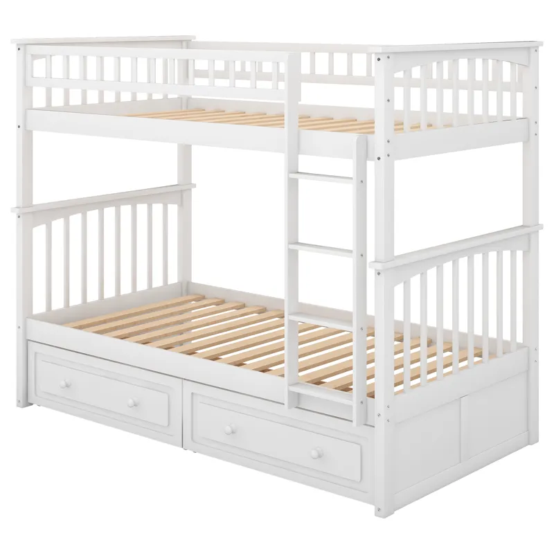 Twin Over Twin Bunk Bed With Drawers, Convertible Beds - White