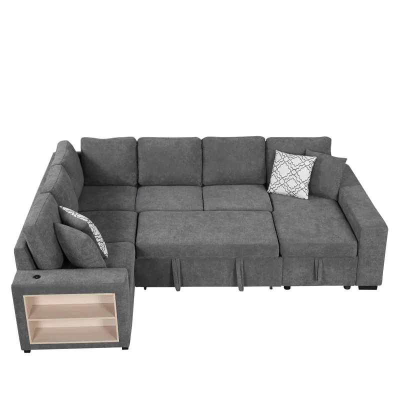 U-Shaped Sectional Sofa Pull-Out Sofa Bed With Two USB Ports, A Storage Chaise Lounge And Four Back 