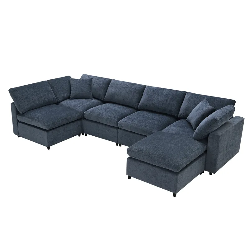 Modern Modular Cloud Sofa Bed, 6 Seat Chenille Sectional Couch Set With Ottoman, Free Combination, C