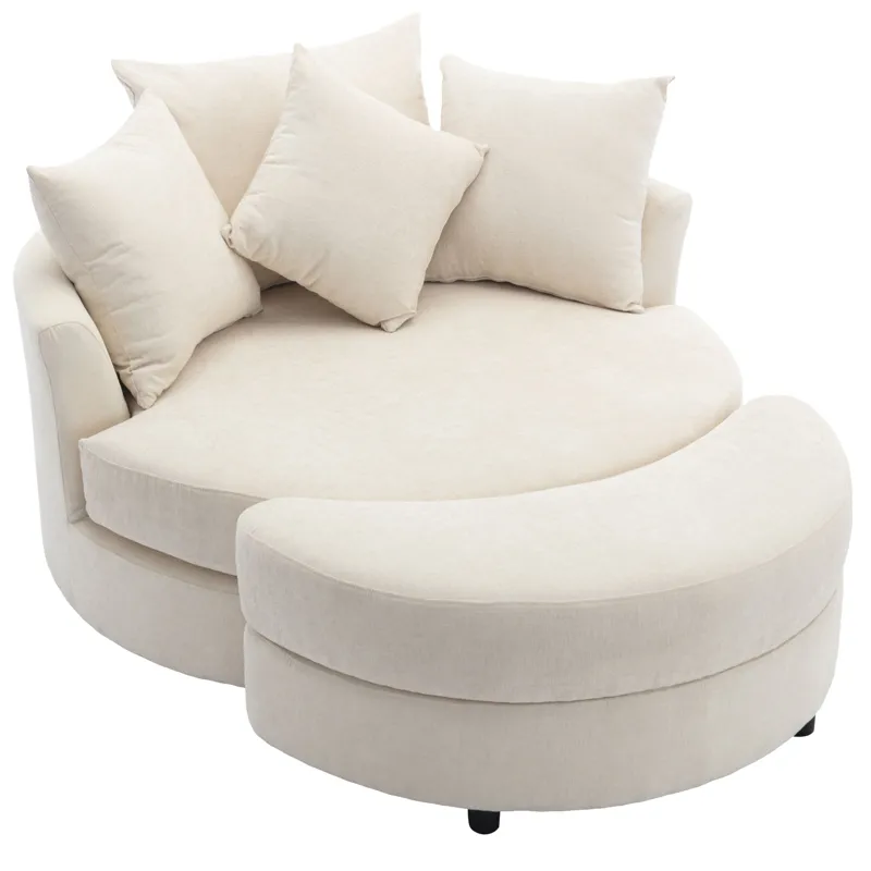 360° Swivel Accent Barrel Chair With Storage Ottoman & 4 Pillows, Modern Chenille Leisure Chair Round Accent For Living Room - Cream