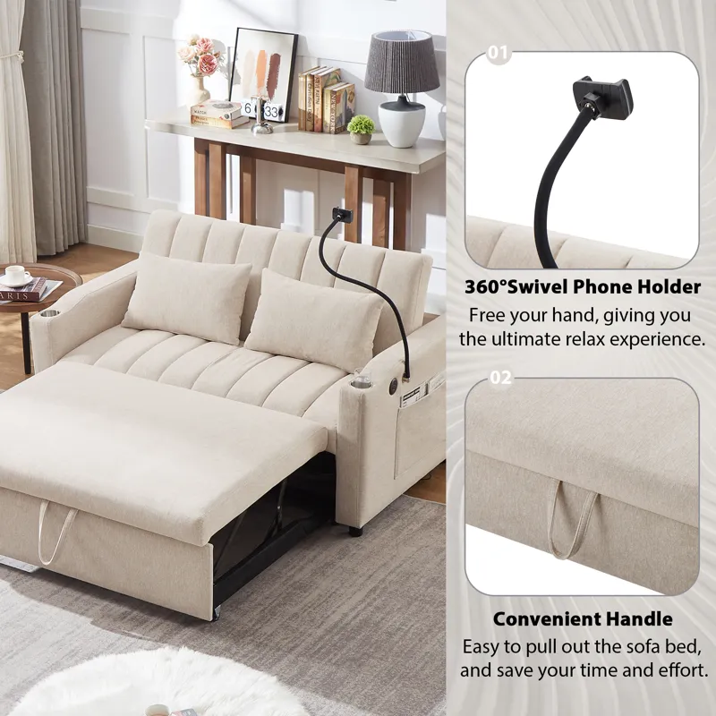 Convertible Sofa Bed Loveseat Sofa With Three USB Ports, Two Side Pockets, Two Cup Holders And 360° 